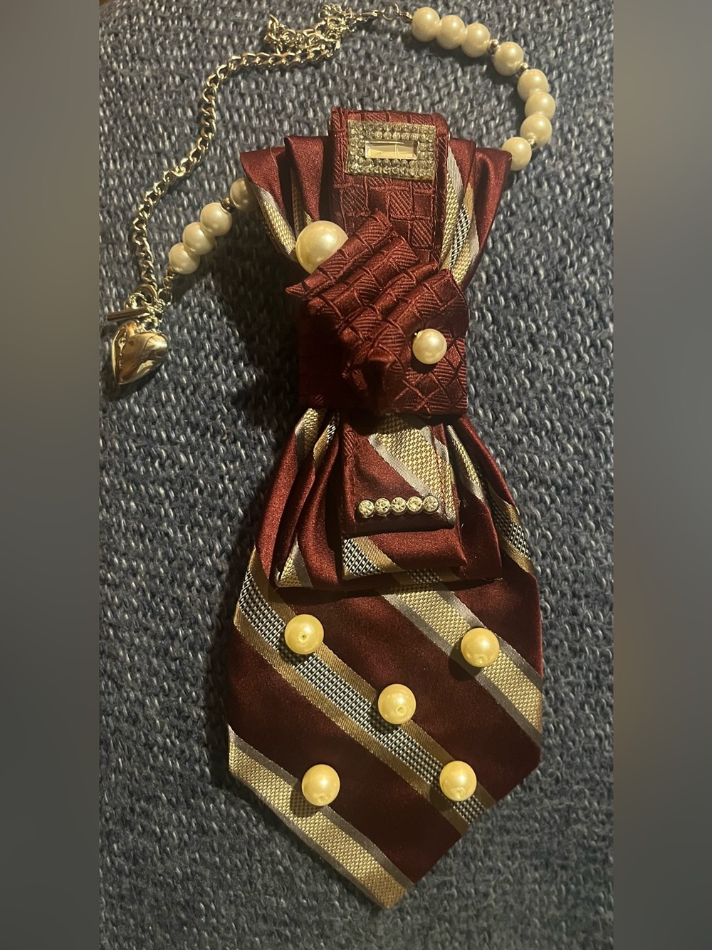 Burgundy Satin Jeweled Bow Tie Necklace with Pearl Accents